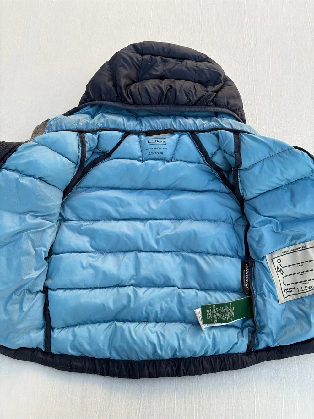 L.L. Bean Toddler Ultralight 650 Down Jacket 12-18M Navy Puffer Hooded Coat